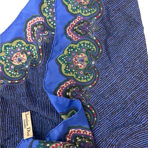 Dior Blue and Black Patterned Silk Scarf with Floral Accents - Picture 1 of 4